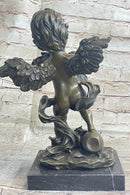 Cherub Child Angel Playing Violin Bronze Sculpture Marble Base