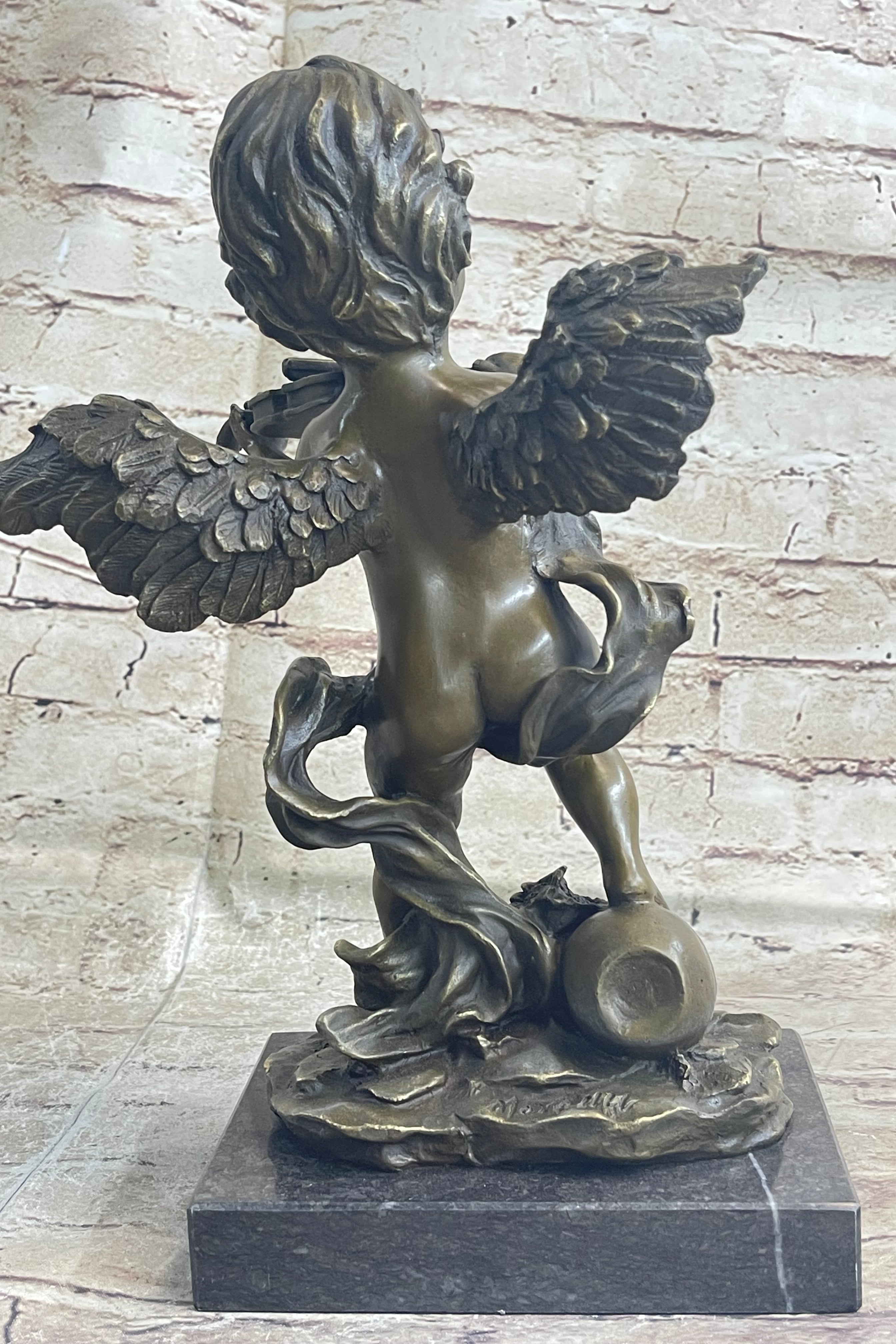 Cherub Child Angel Playing Violin Bronze Sculpture Marble Base