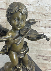 Cherub Child Angel Playing Violin Bronze Sculpture Marble Base