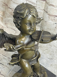 Cherub Child Angel Playing Violin Bronze Sculpture Marble Base