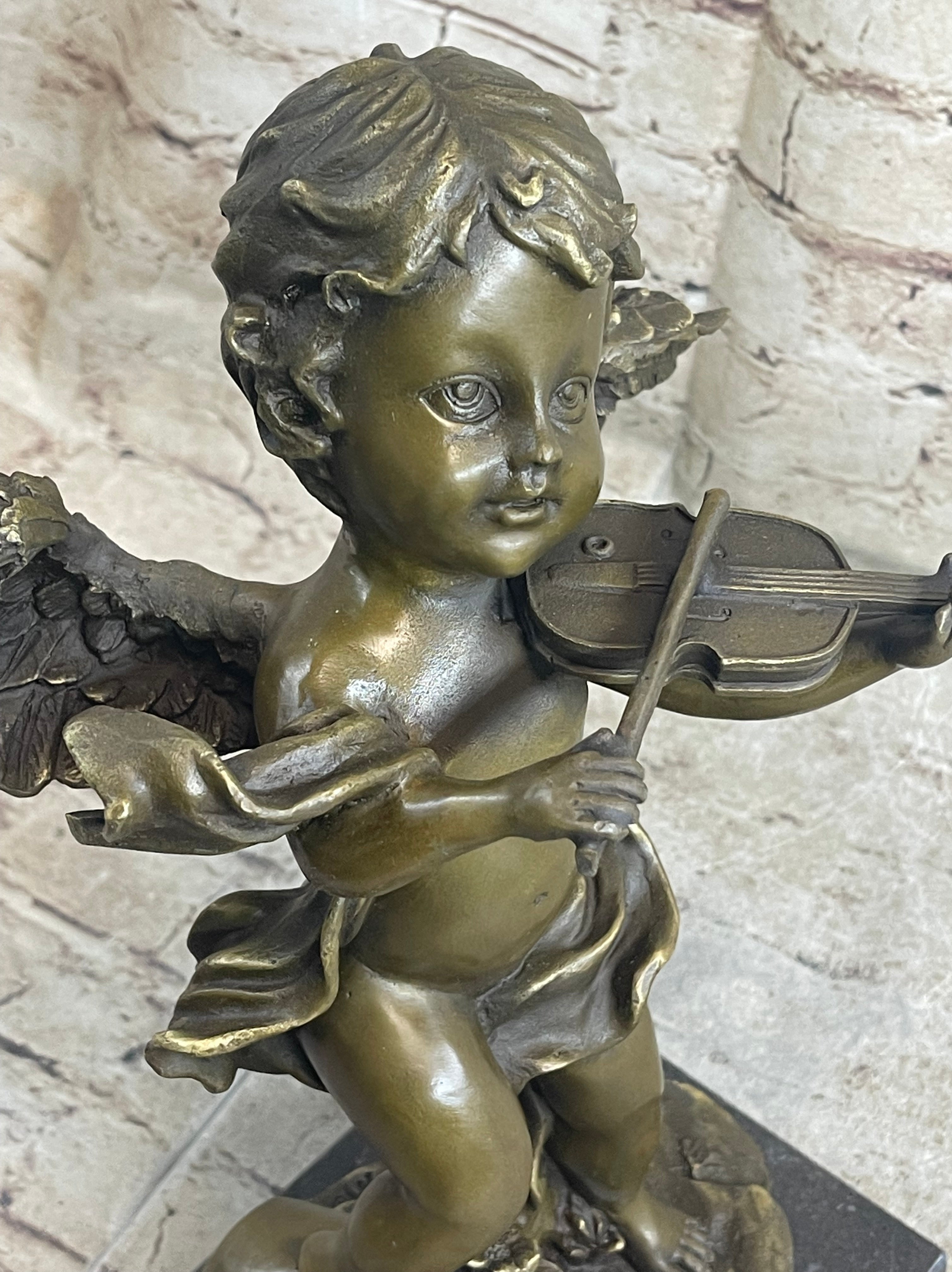 Cherub Child Angel Playing Violin Bronze Sculpture Marble Base