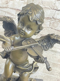 Cherub Child Angel Playing Violin Bronze Sculpture Marble Base