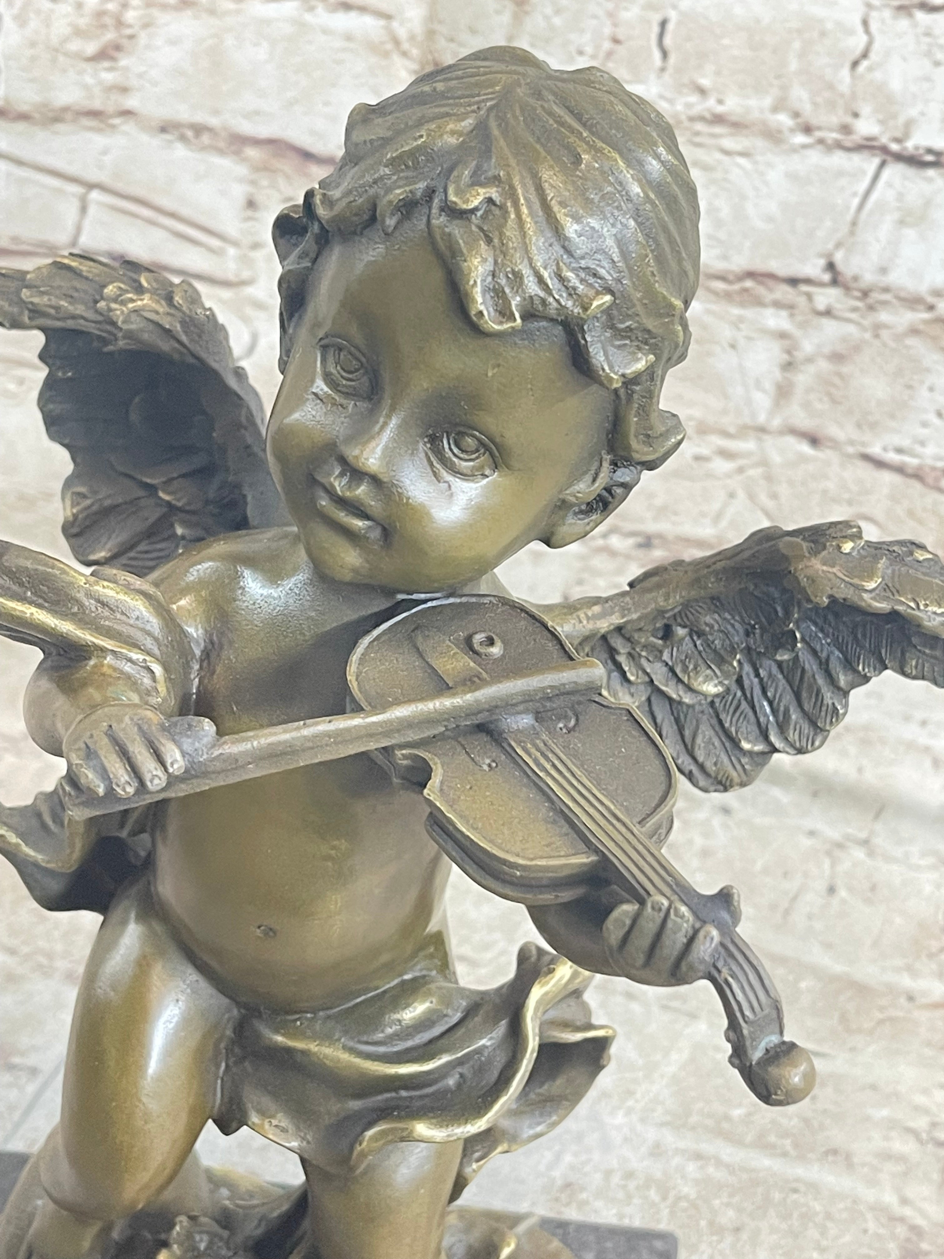 Cherub Child Angel Playing Violin Bronze Sculpture Marble Base