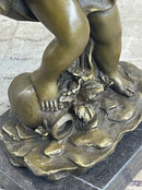 Cherub Child Angel Playing Violin Bronze Sculpture Marble Base