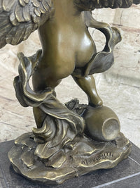 Cherub Child Angel Playing Violin Bronze Sculpture Marble Base