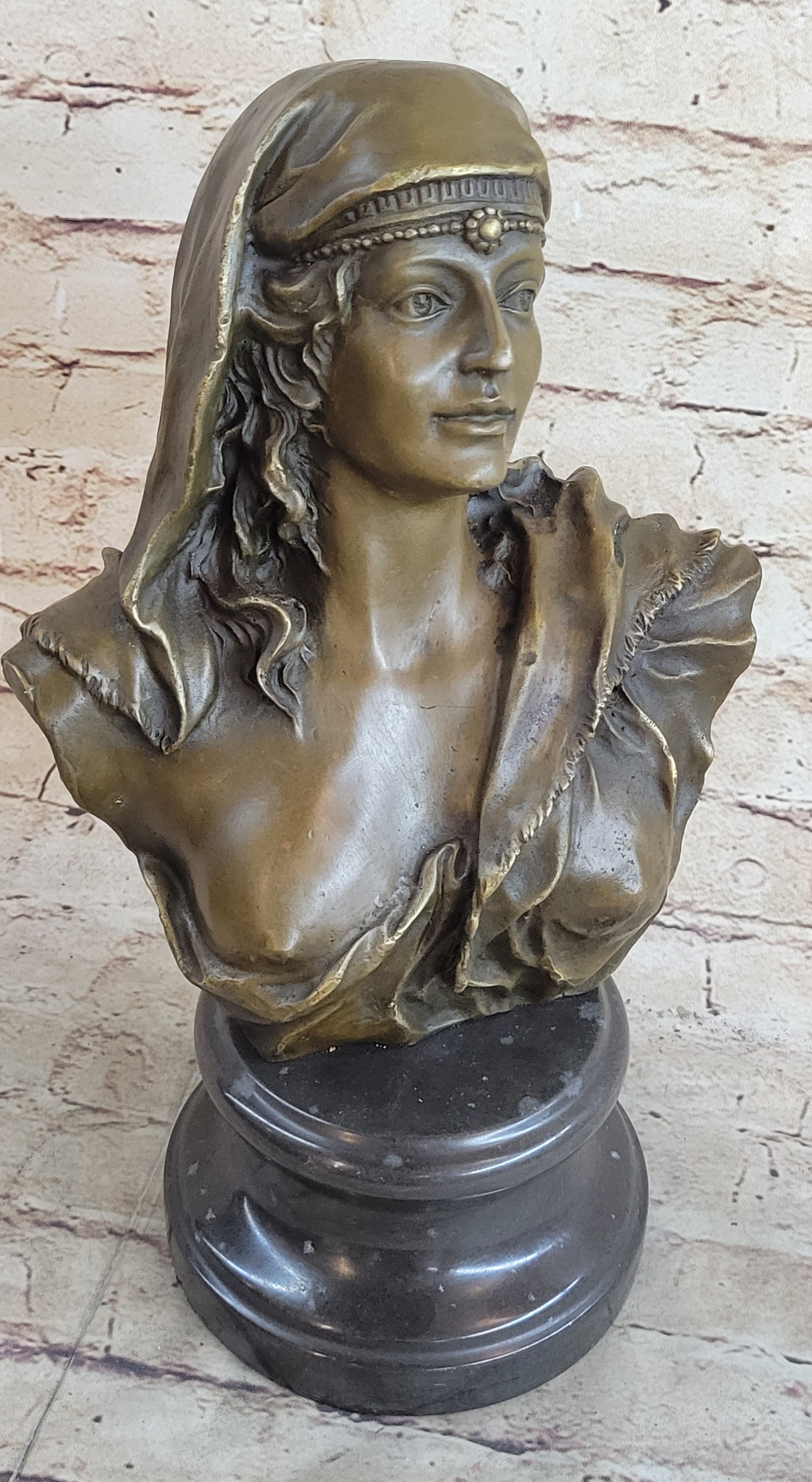Signed Beautiful Maiden Semi Nude Bust Bronze Sculpture Marble
