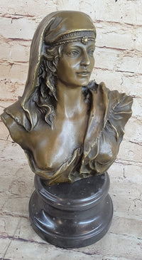 Signed Beautiful Maiden Semi Nude Bust Bronze Sculpture Marble
