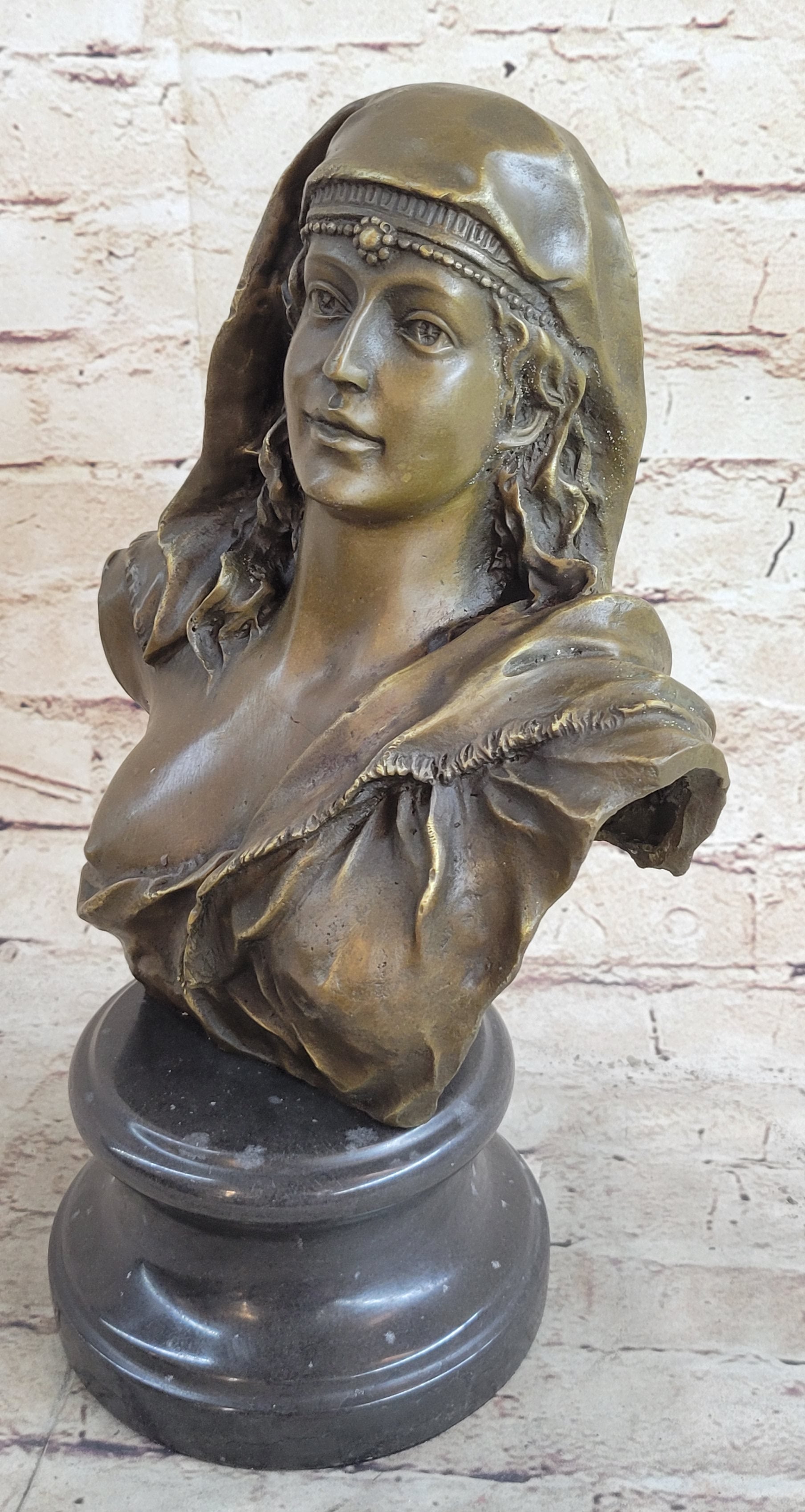 Signed Beautiful Maiden Semi Nude Bust Bronze Sculpture Marble