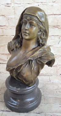 Signed Beautiful Maiden Semi Nude Bust Bronze Sculpture Marble