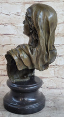 Signed Beautiful Maiden Semi Nude Bust Bronze Sculpture Marble