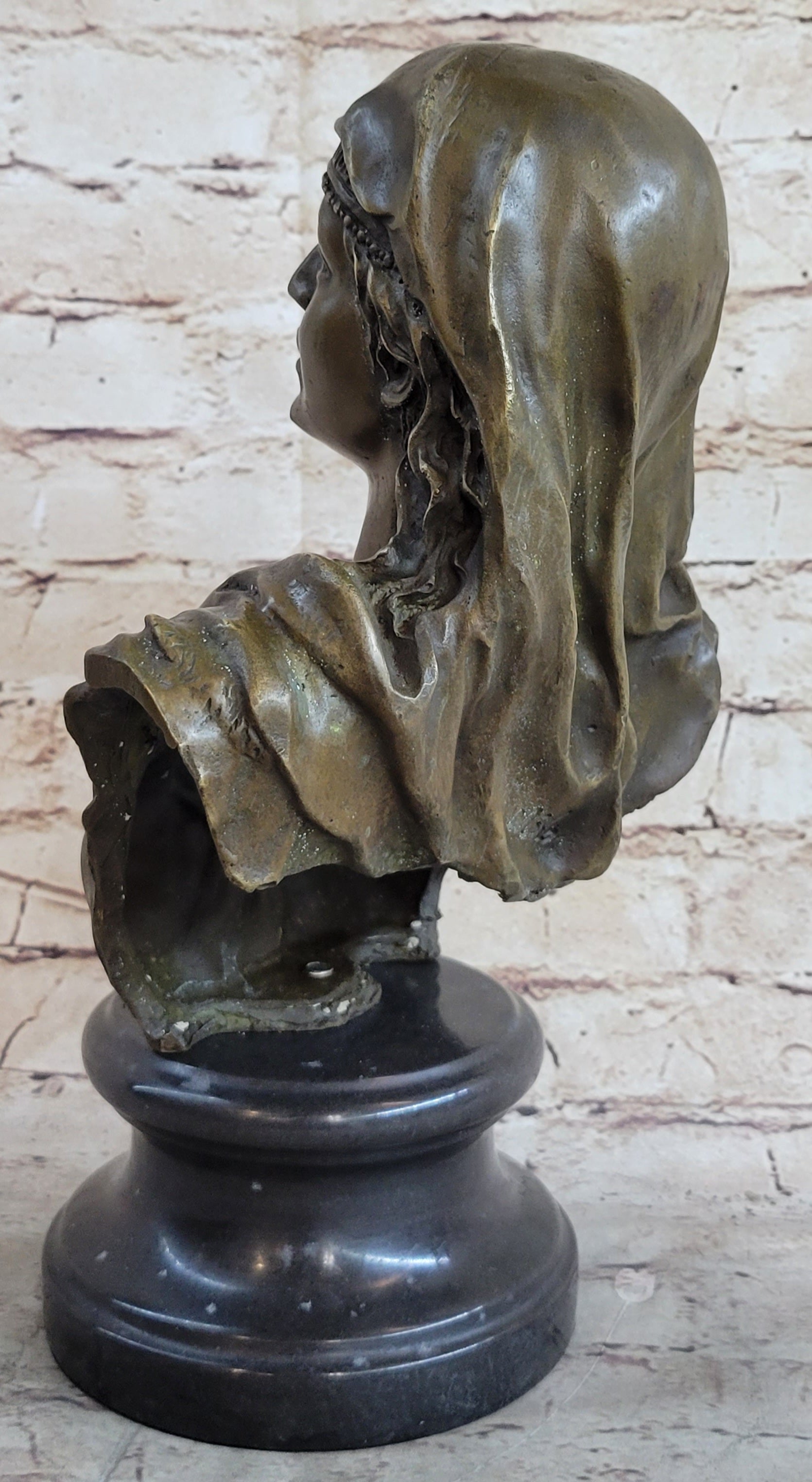 Signed Beautiful Maiden Semi Nude Bust Bronze Sculpture Marble