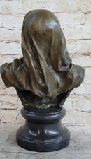 Signed Beautiful Maiden Semi Nude Bust Bronze Sculpture Marble