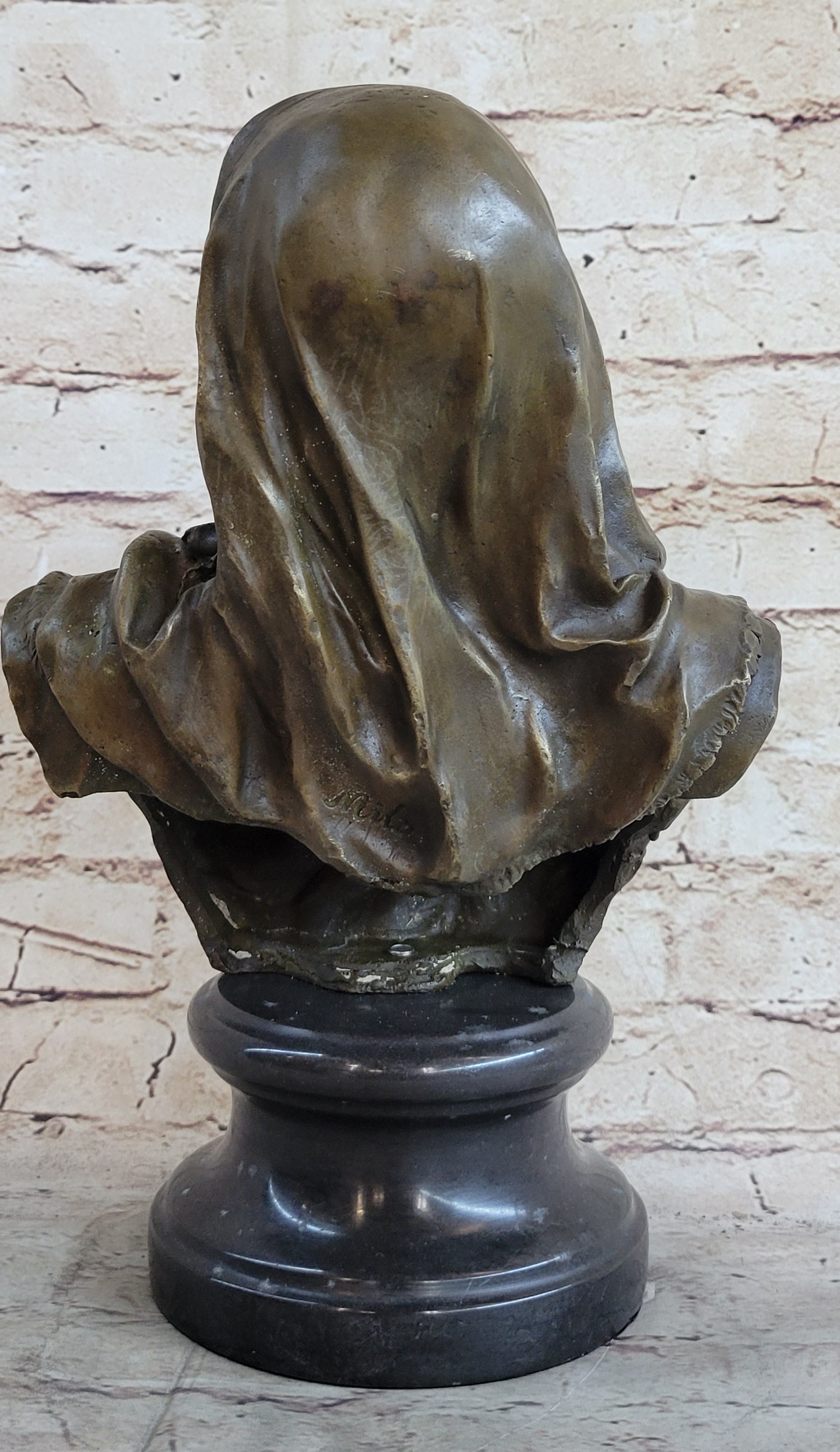 Signed Beautiful Maiden Semi Nude Bust Bronze Sculpture Marble