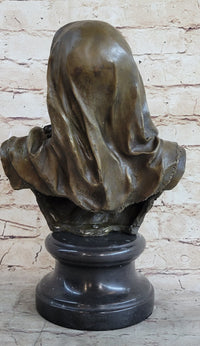 Signed Beautiful Maiden Semi Nude Bust Bronze Sculpture Marble