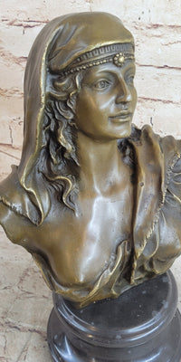 Signed Beautiful Maiden Semi Nude Bust Bronze Sculpture Marble