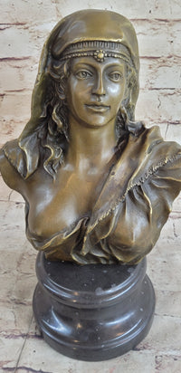 Signed Beautiful Maiden Semi Nude Bust Bronze Sculpture Marble