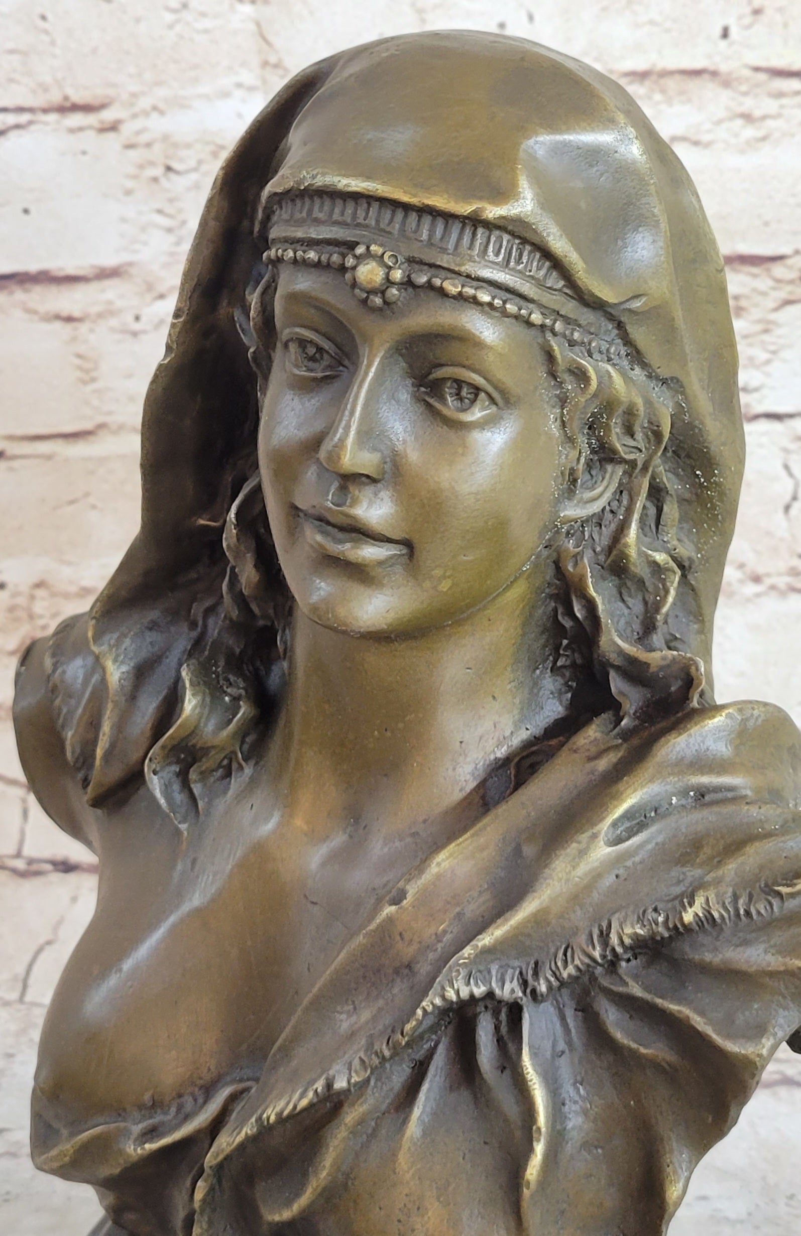 Signed Beautiful Maiden Semi Nude Bust Bronze Sculpture Marble