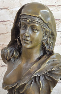 Signed Beautiful Maiden Semi Nude Bust Bronze Sculpture Marble
