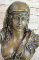 Signed Beautiful Maiden Semi Nude Bust Bronze Sculpture Marble