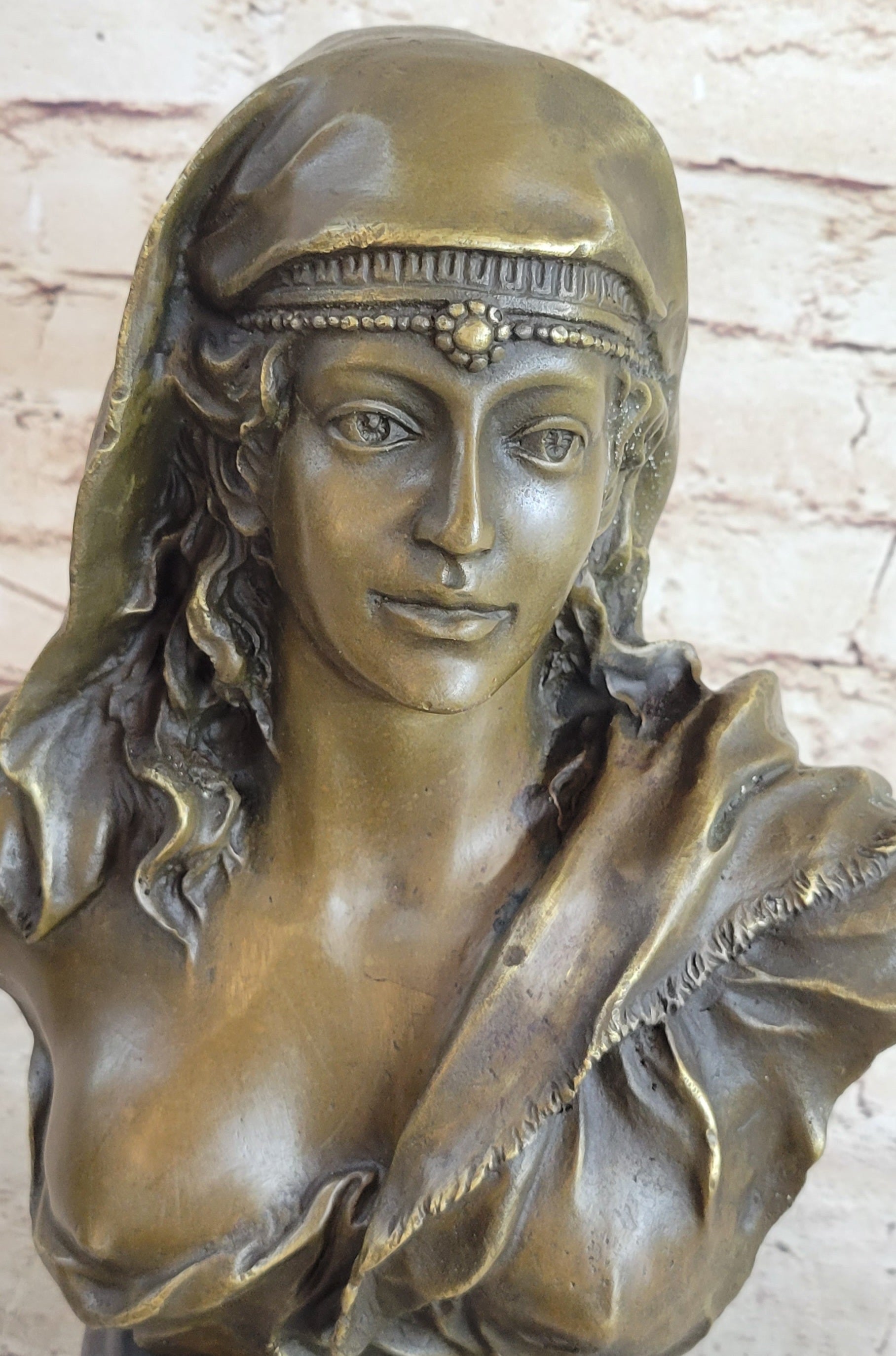 Signed Beautiful Maiden Semi Nude Bust Bronze Sculpture Marble