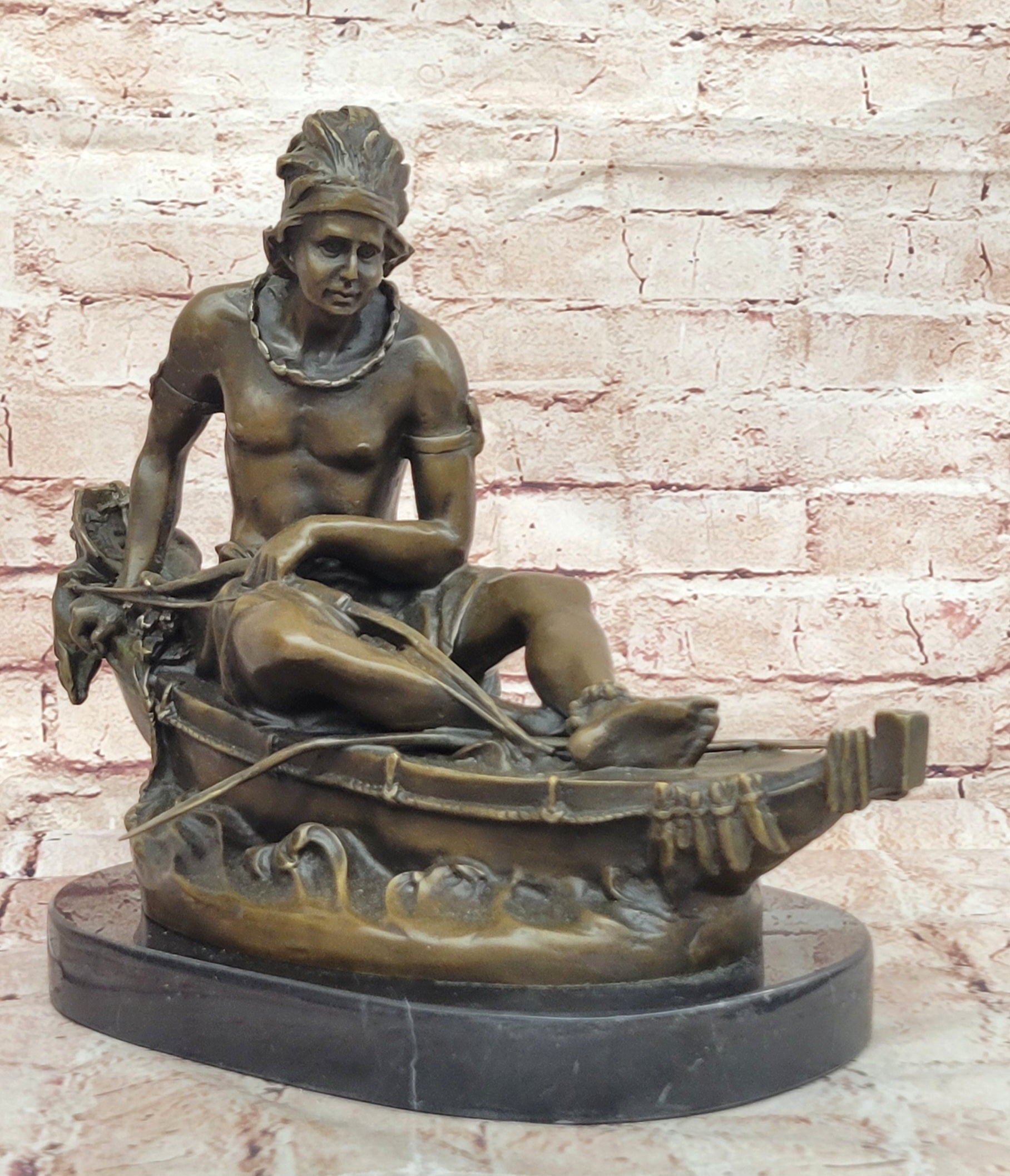 VINTAGE SIGNED DUCHOISELLEI INDIAN WARRIOR BRONZE SCULPTURE STATUE FIGURINE ART
