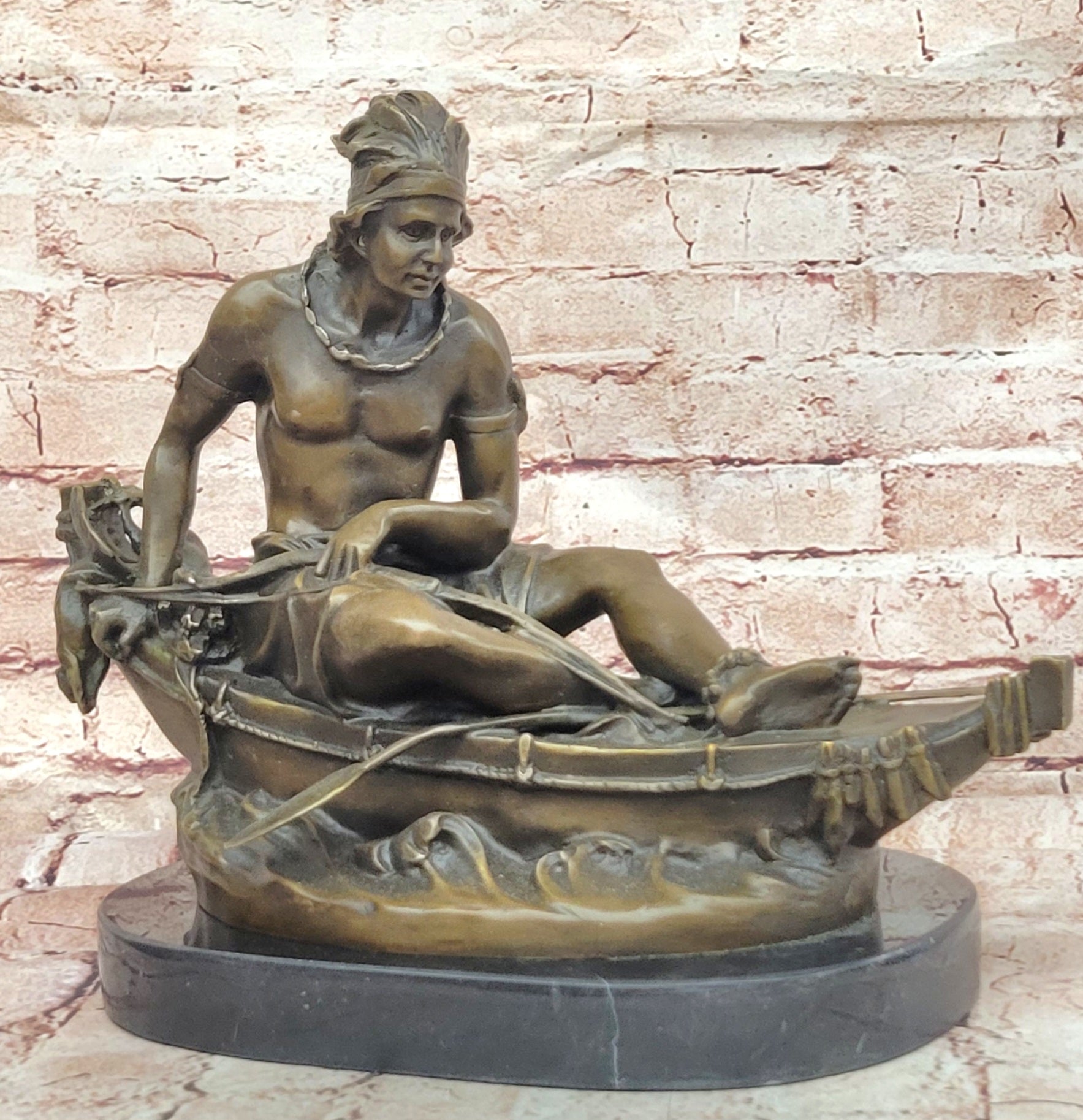 VINTAGE SIGNED DUCHOISELLEI INDIAN WARRIOR BRONZE SCULPTURE STATUE FIGURINE ART