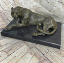Signed Large Leopard Jaguar Bronze Sculpture Marble Art