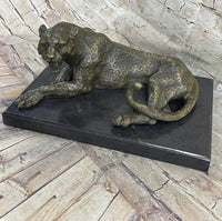 Signed Large Leopard Jaguar Bronze Sculpture Marble Art