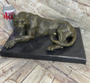 Signed Large Leopard Jaguar Bronze Sculpture Marble Art