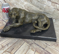 Signed Large Leopard Jaguar Bronze Sculpture Marble Art