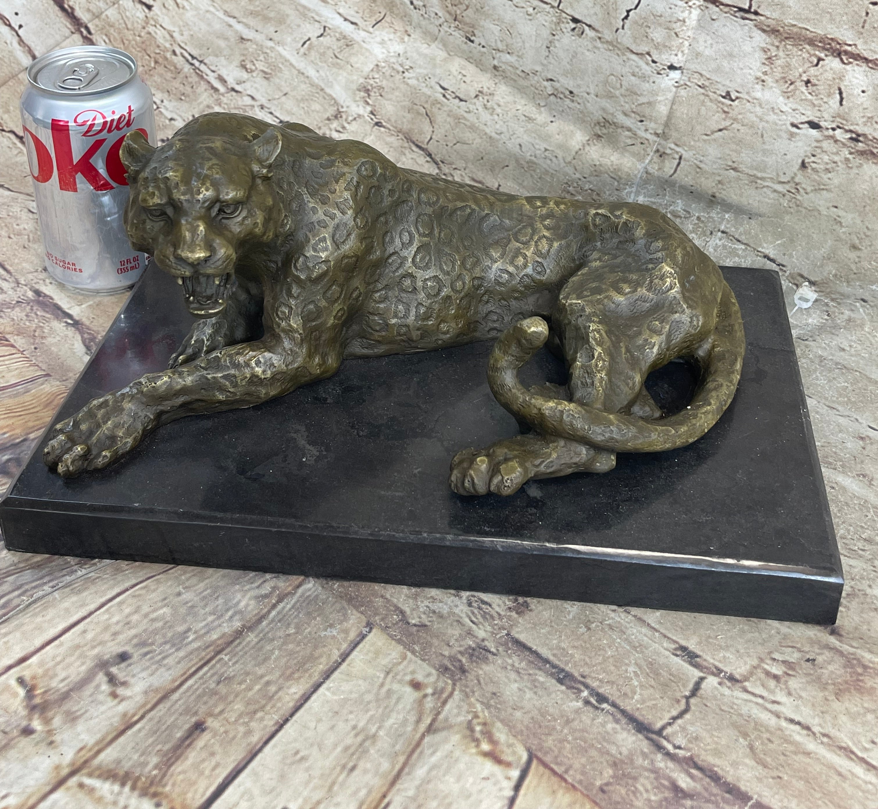 Signed Large Leopard Jaguar Bronze Sculpture Marble Art