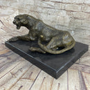 Signed Large Leopard Jaguar Bronze Sculpture Marble Art