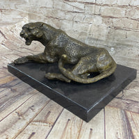 Signed Large Leopard Jaguar Bronze Sculpture Marble Art