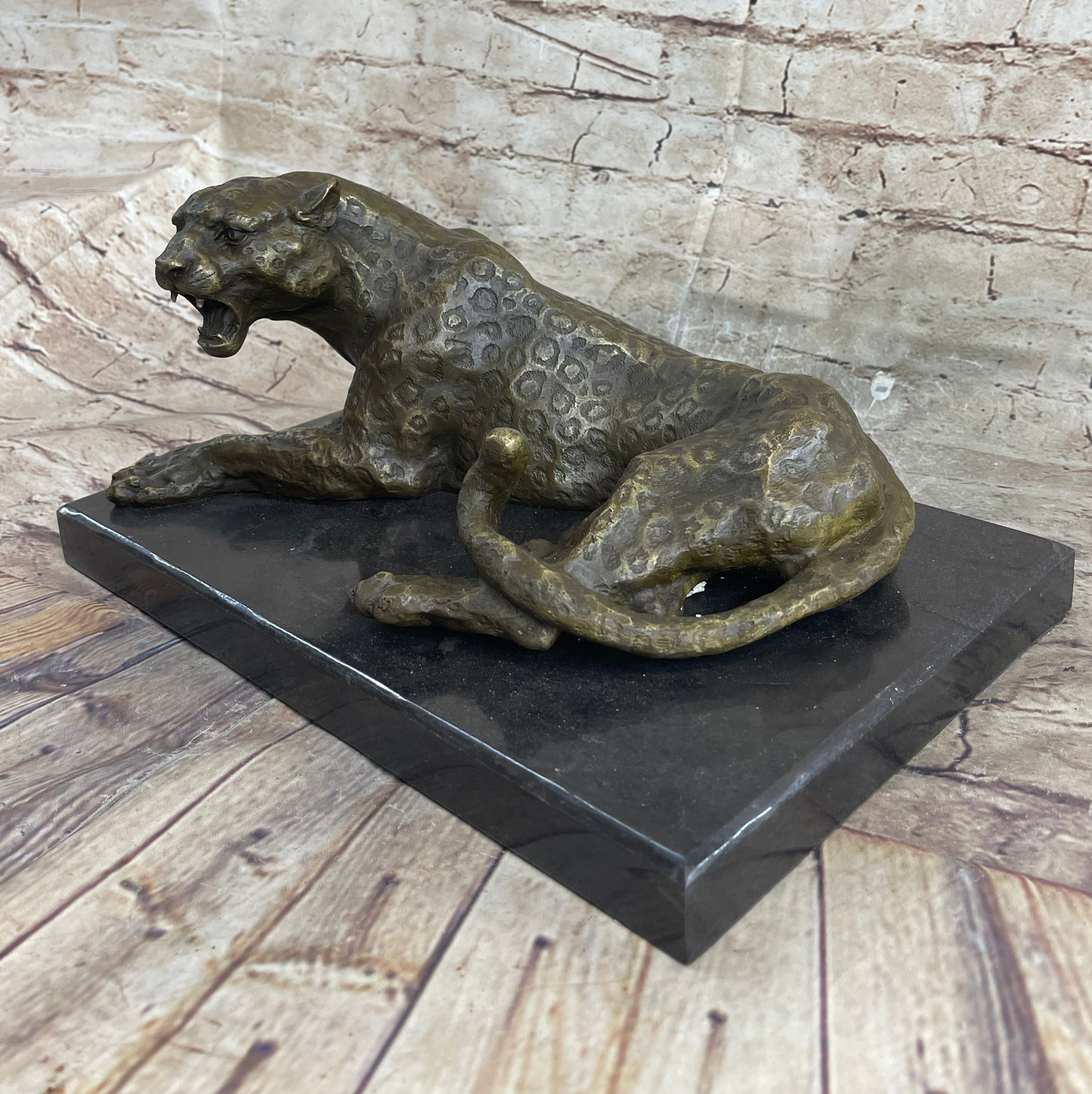 Signed Large Leopard Jaguar Bronze Sculpture Marble Art
