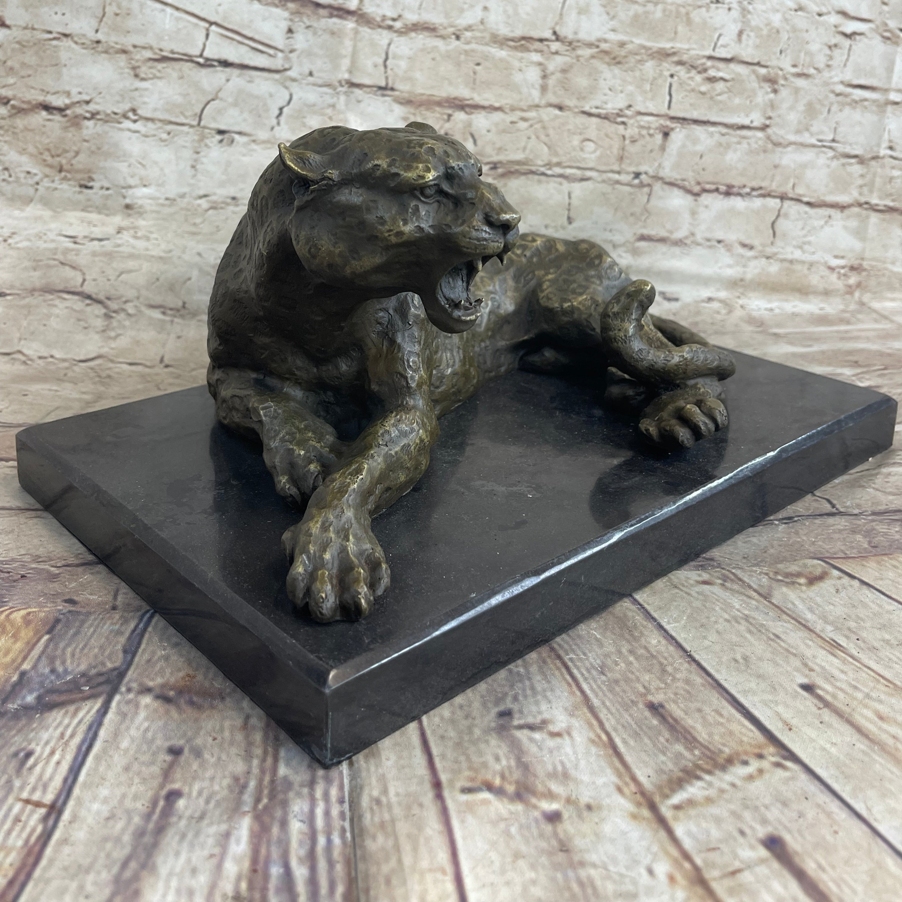 Signed Large Leopard Jaguar Bronze Sculpture Marble Art