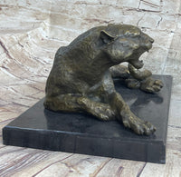 Signed Large Leopard Jaguar Bronze Sculpture Marble Art