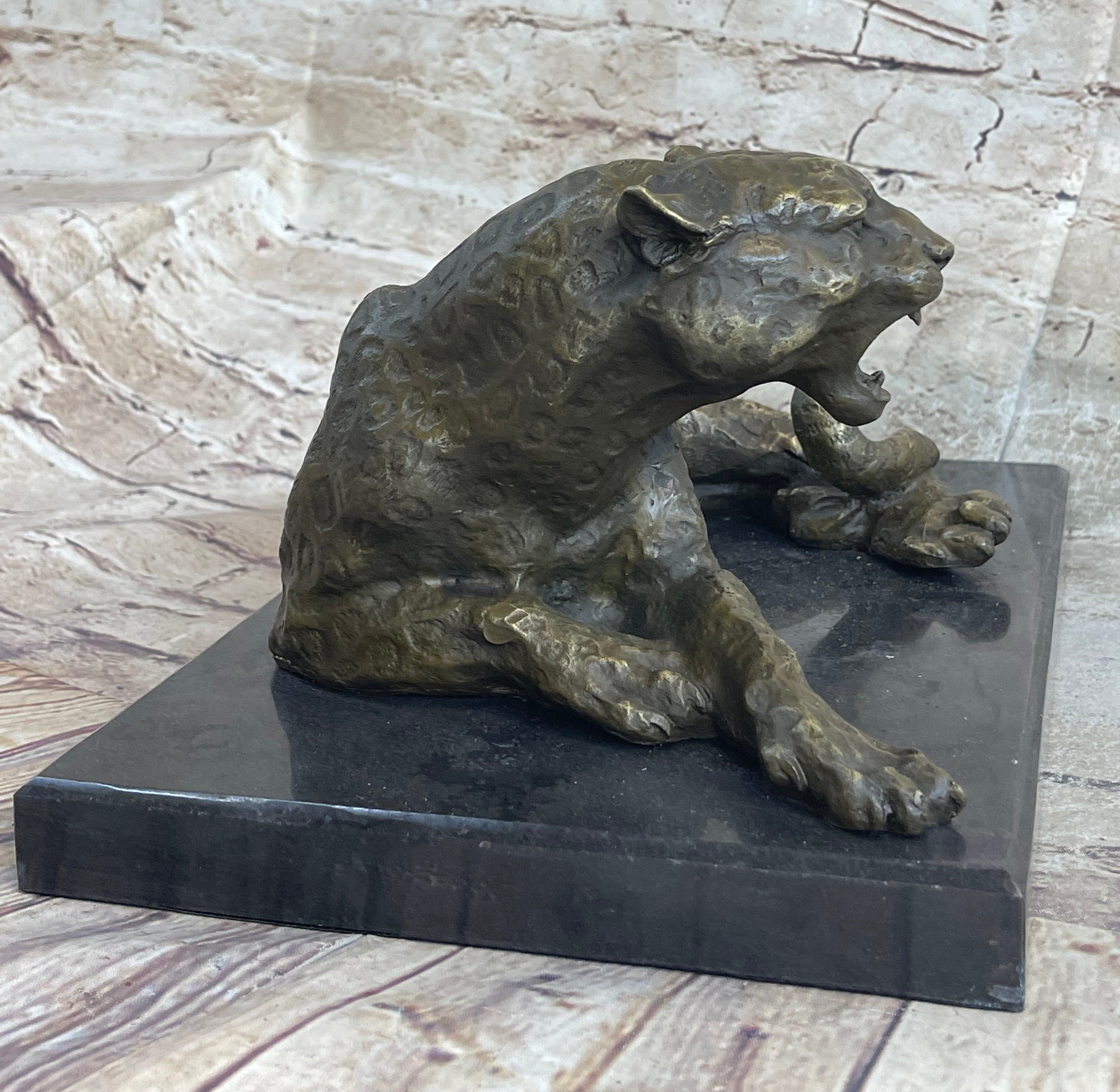 Signed Large Leopard Jaguar Bronze Sculpture Marble Art