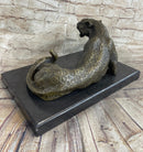 Signed Large Leopard Jaguar Bronze Sculpture Marble Art