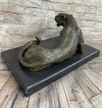 Signed Large Leopard Jaguar Bronze Sculpture Marble Art