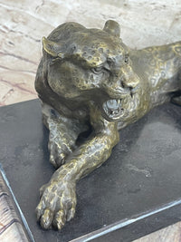 Signed Large Leopard Jaguar Bronze Sculpture Marble Art