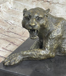 Signed Large Leopard Jaguar Bronze Sculpture Marble Art