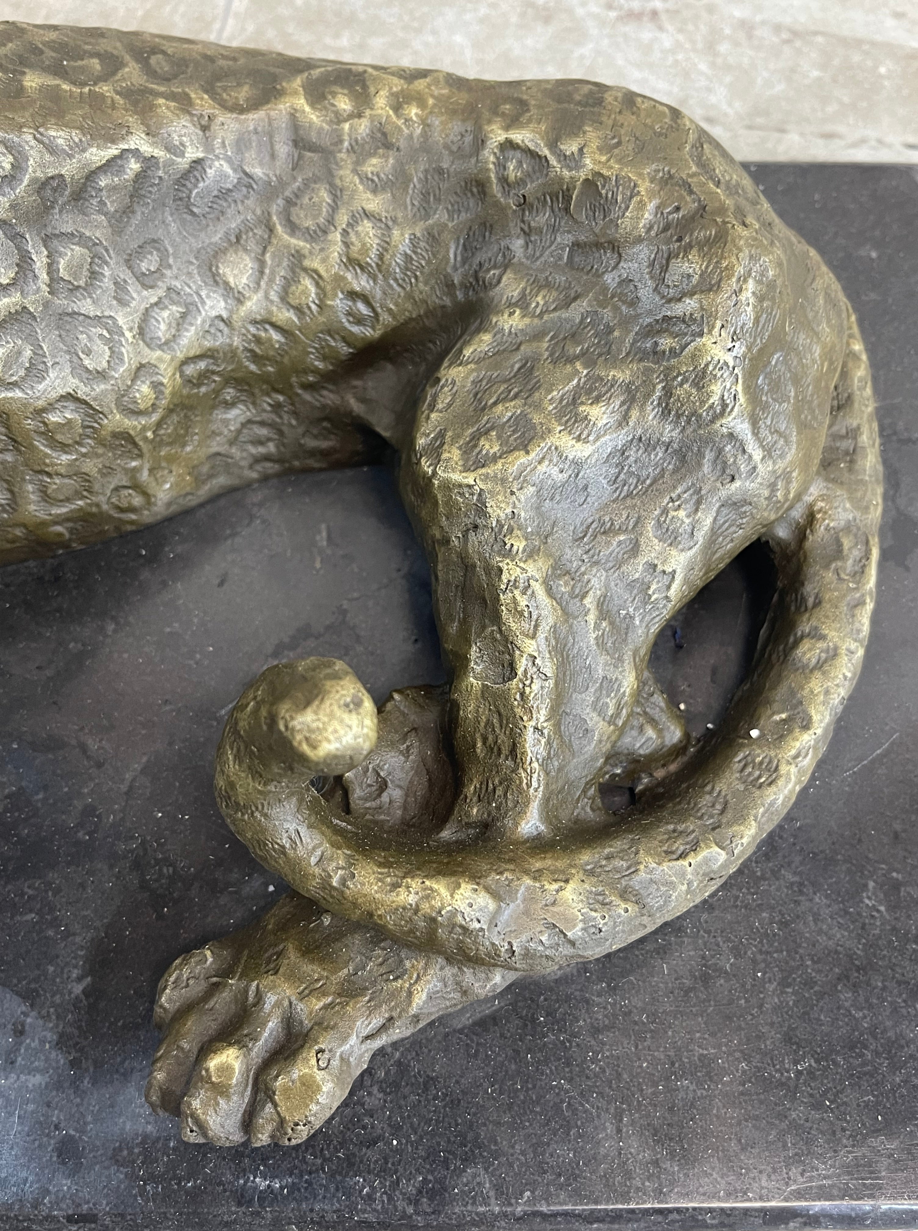 Signed Large Leopard Jaguar Bronze Sculpture Marble Art