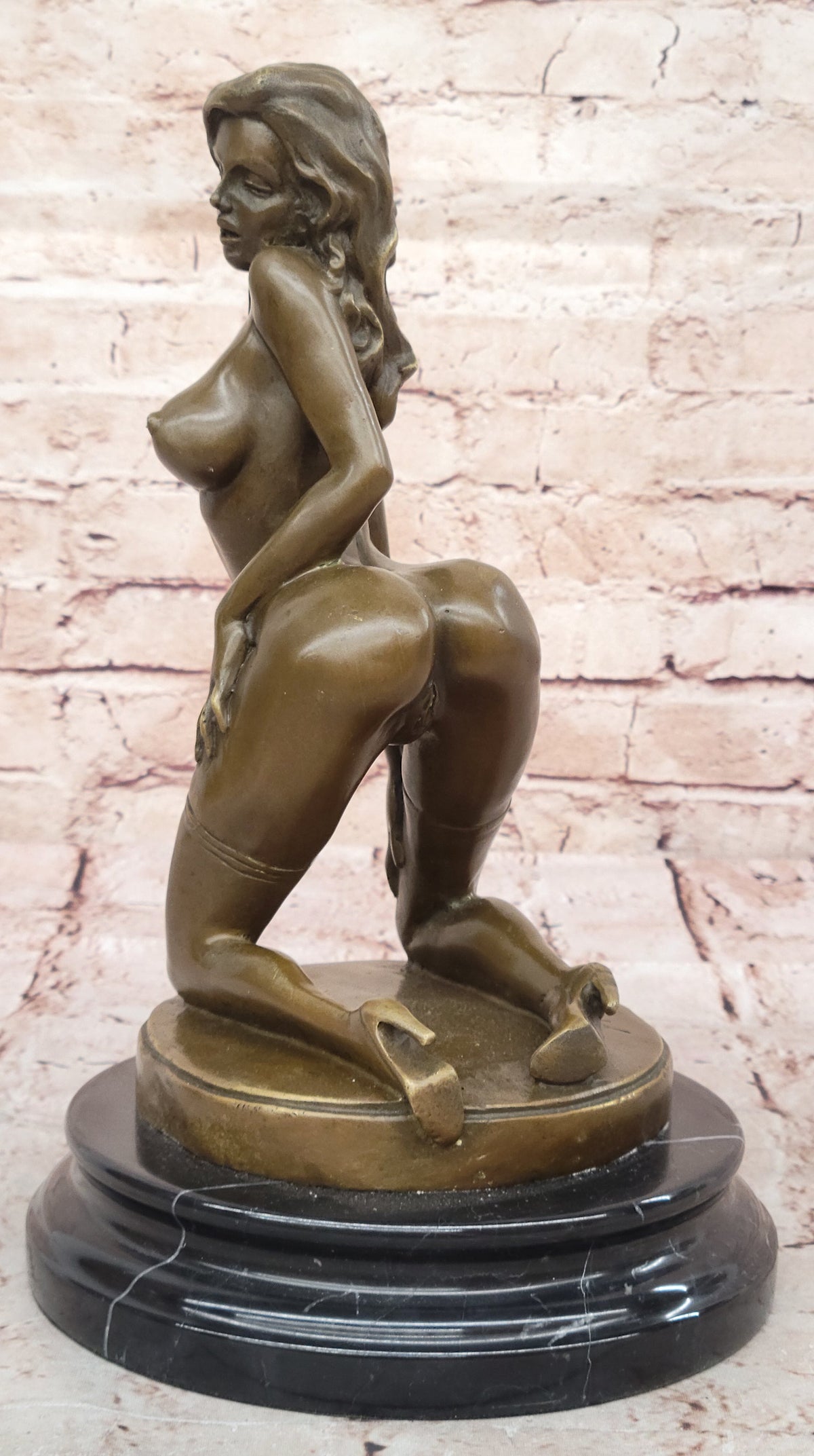 Erotic Bronze Sculpture Figure Sexy Woman in Thigh High Stockings