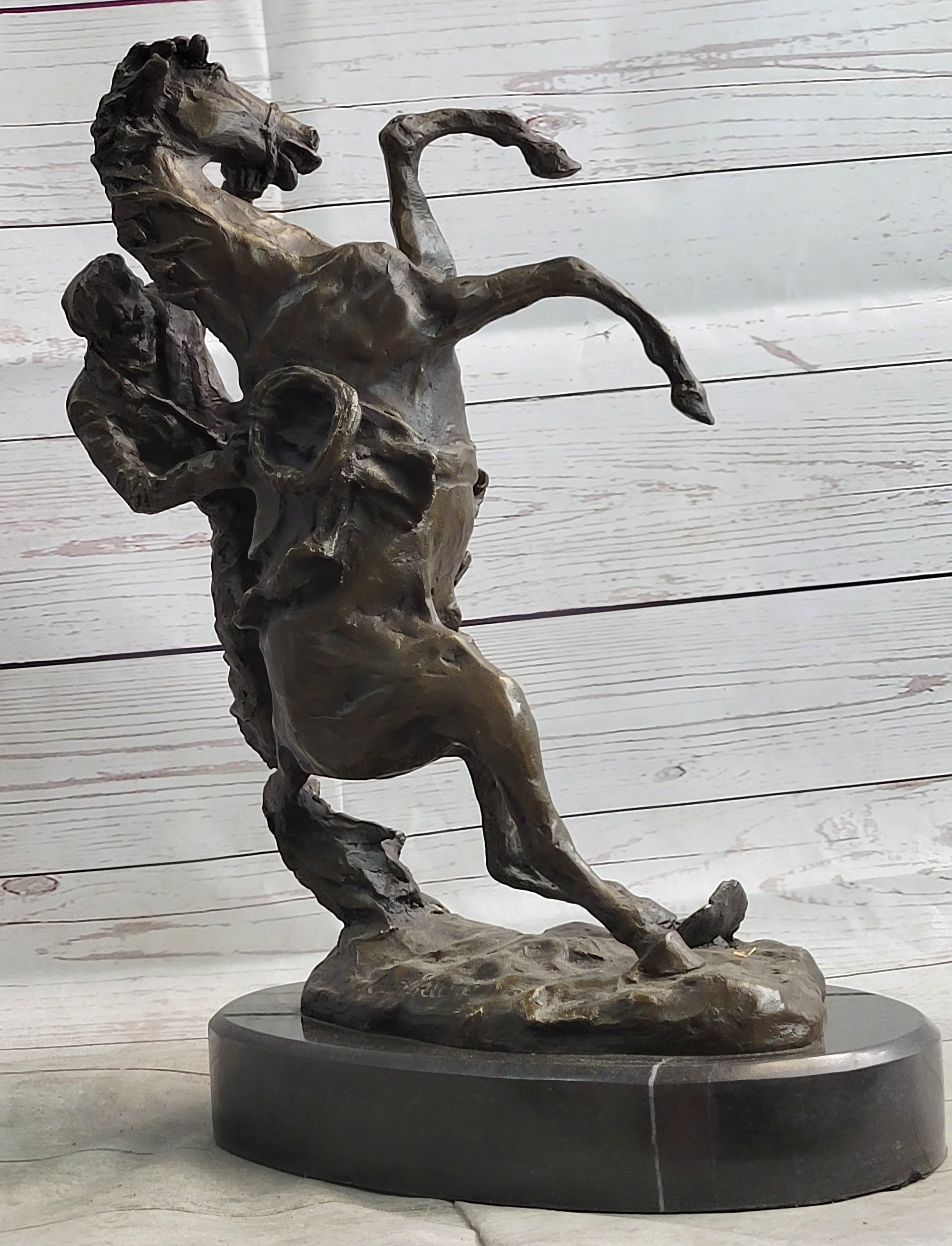 Cowboy Bucked off Rearing Horse Bronze Sculpture Marble Base