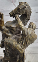 Cowboy Bucked off Rearing Horse Bronze Sculpture Marble Base