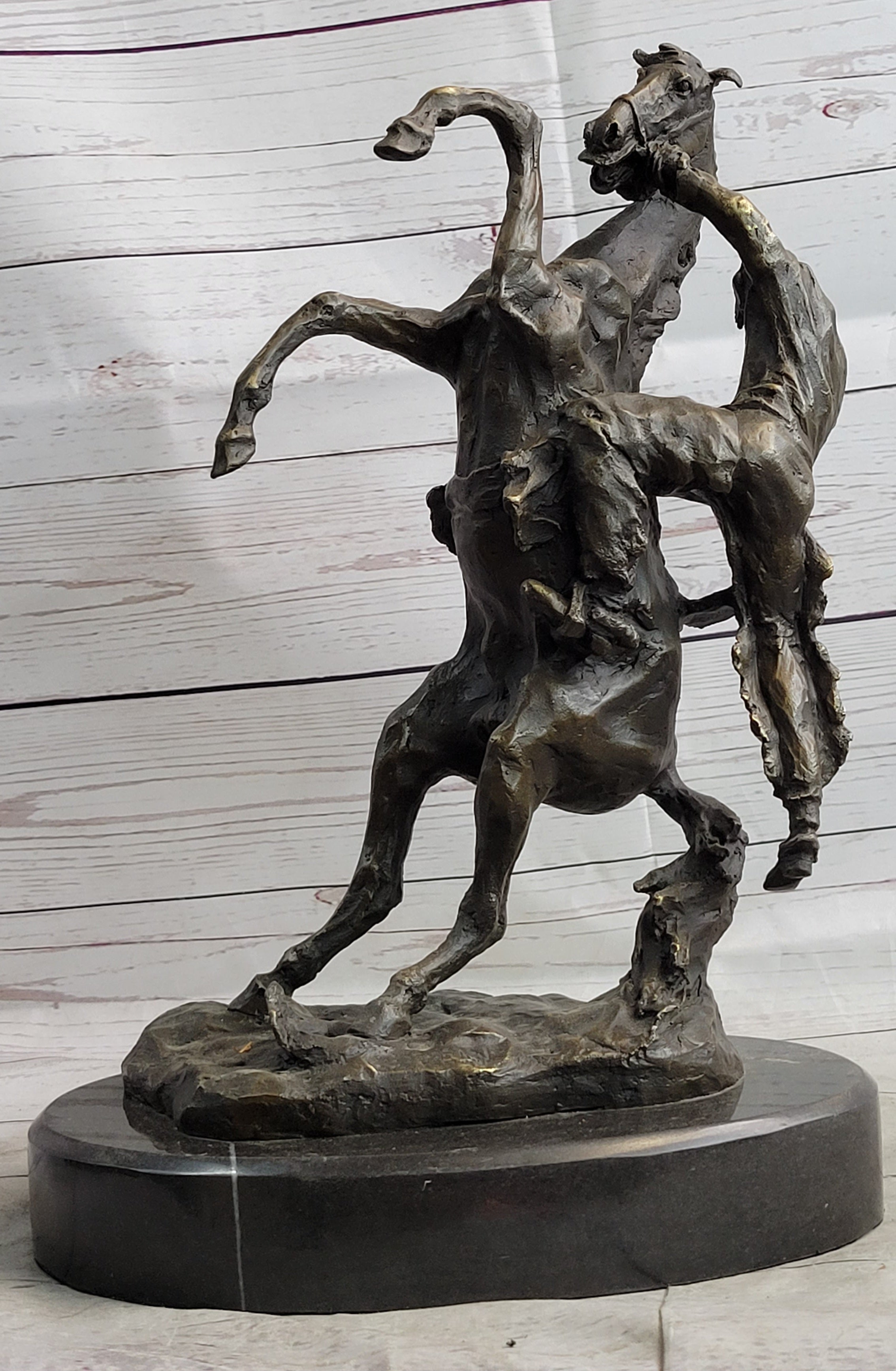 Cowboy Bucked off Rearing Horse Bronze Sculpture Marble Base