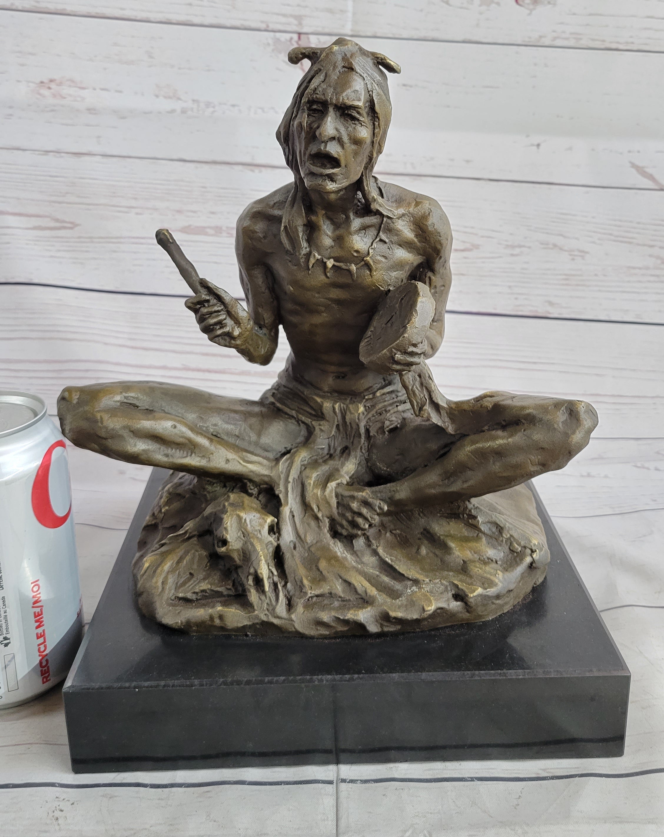 Native American Indian Shaman Medicine Man Playing Tom Tom - Bronze