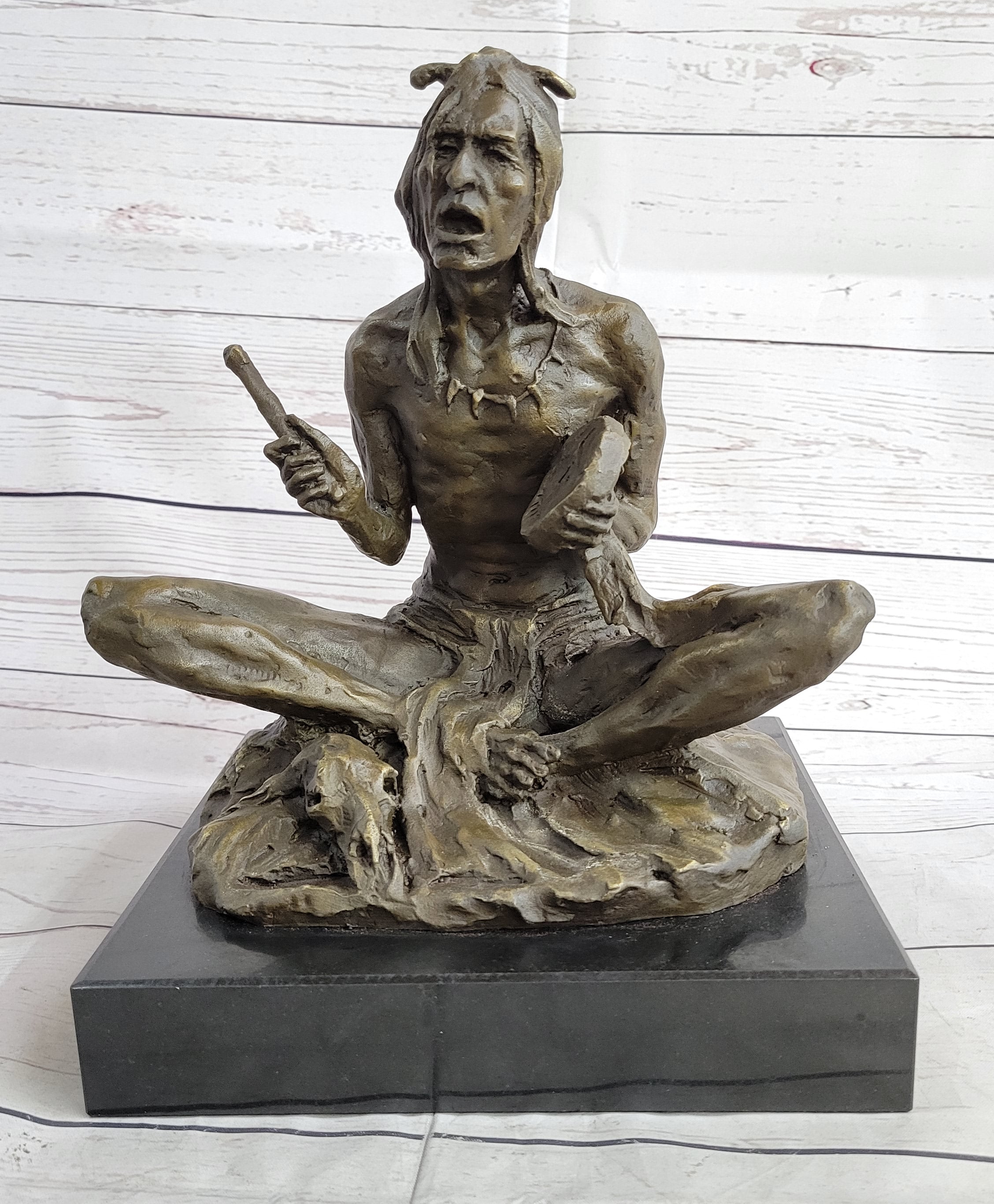 Native American Indian Shaman Medicine Man Playing Tom Tom - Bronze
