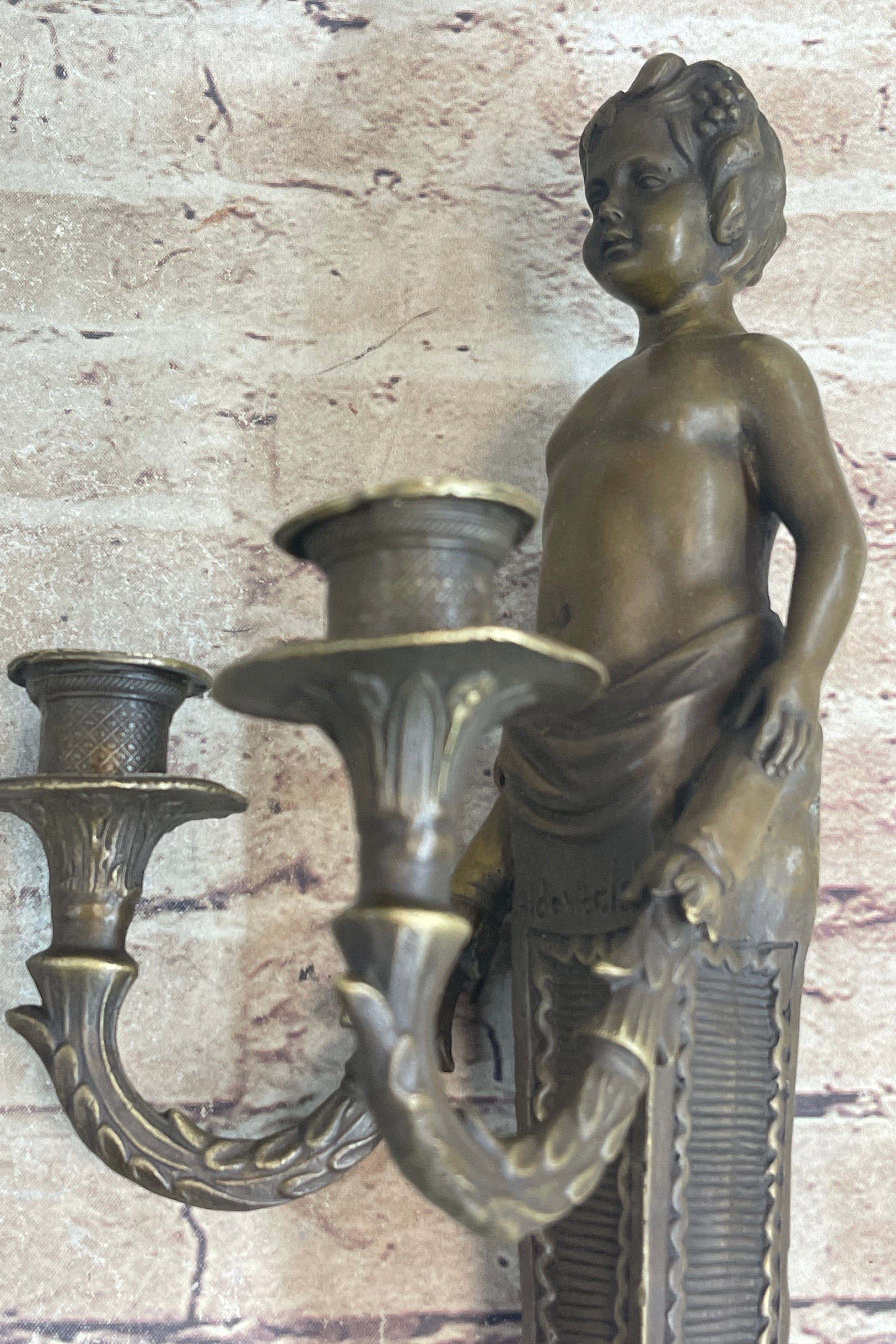 Bronze Candelabra Candle Holder Wall Sconce Young Satyr Cherub Boy