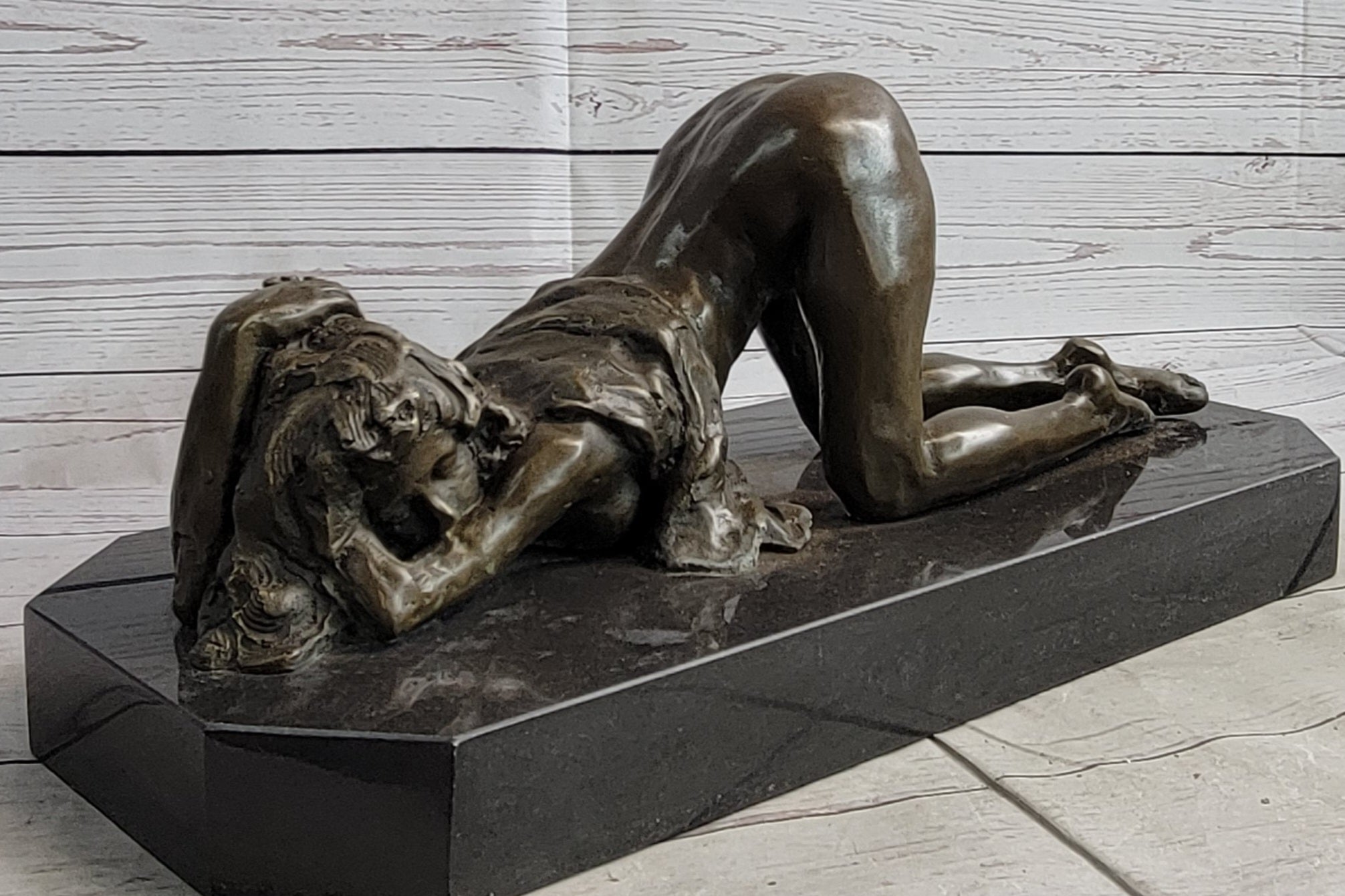 Erotic Art Bronze Figure Sculpture Crawling Girl on Knees 7" x 15"
